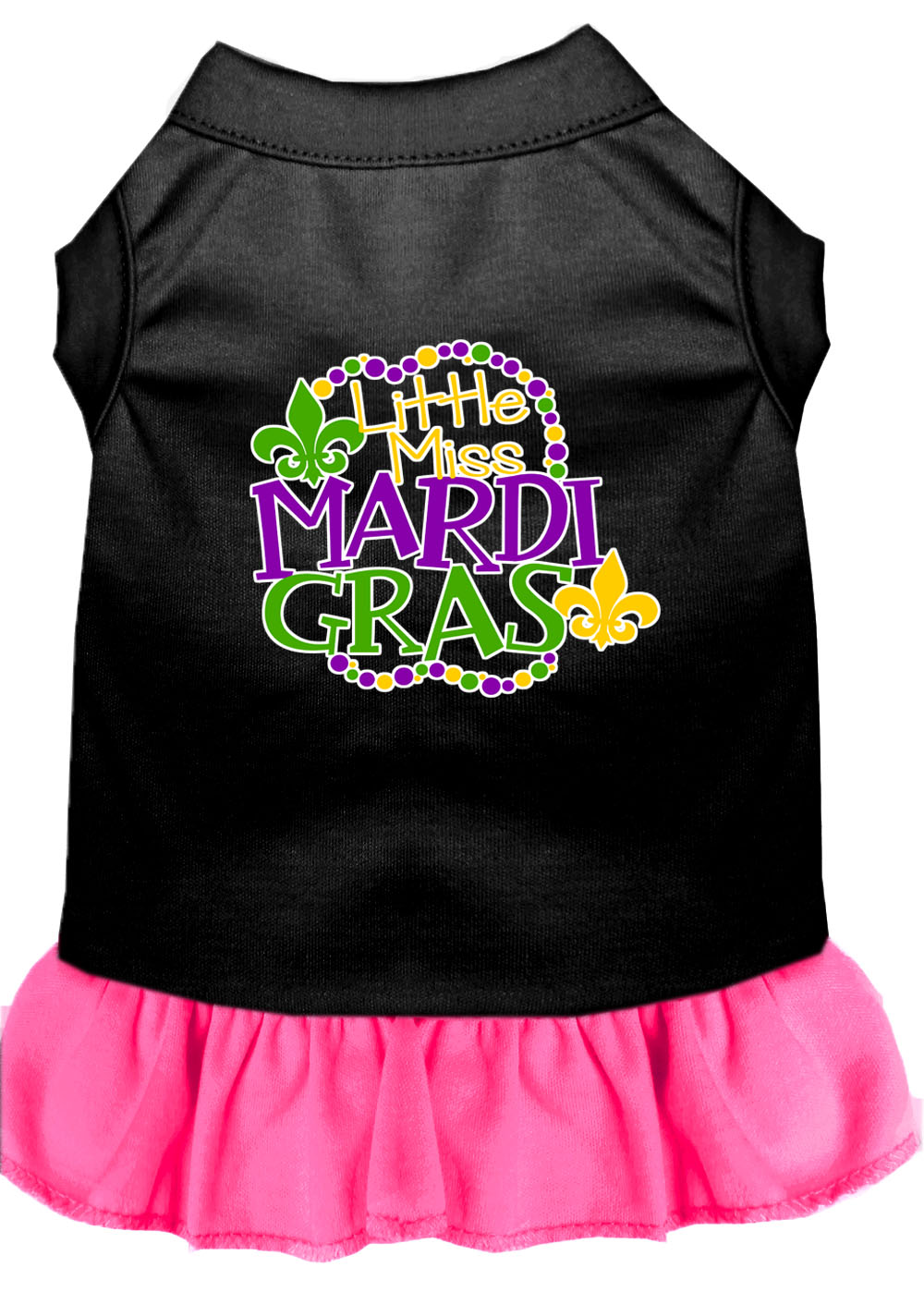 Miss Mardi Gras Screen Print Mardi Gras Dog Dress Black with Bright Pink Sm